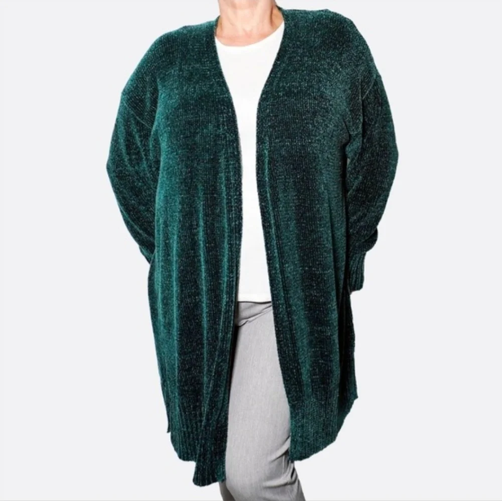 Ava & Viv Plus Size Open Front Cardigan Dark Emerald Green Chenille Size 1X - Picture 1 of 7